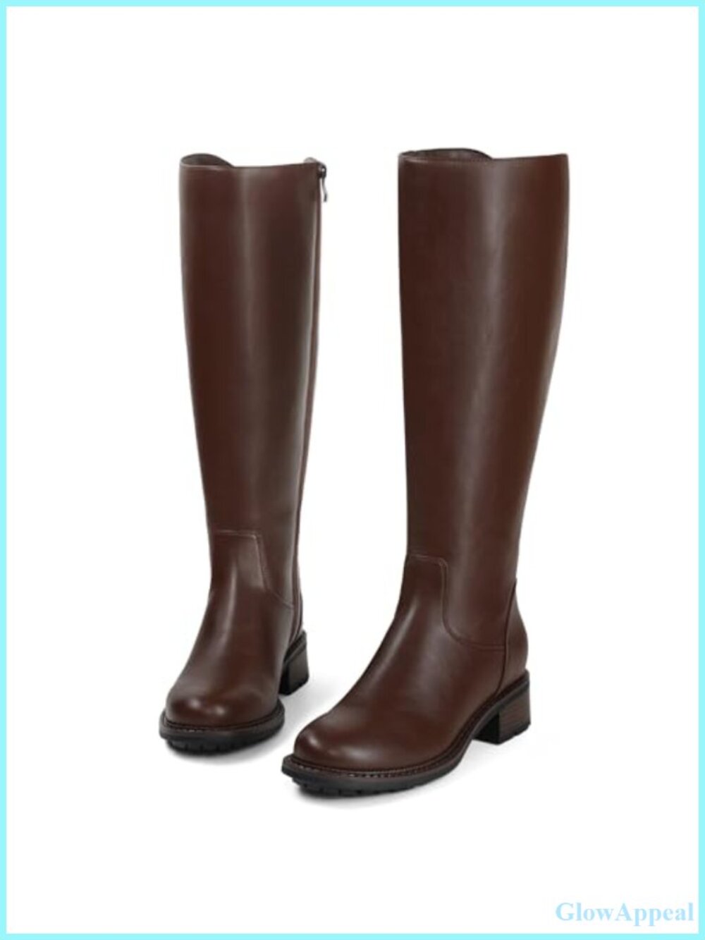 Faux Leather Knee High Boots Round Toe Tall Low Chunky Heel Riding Boots